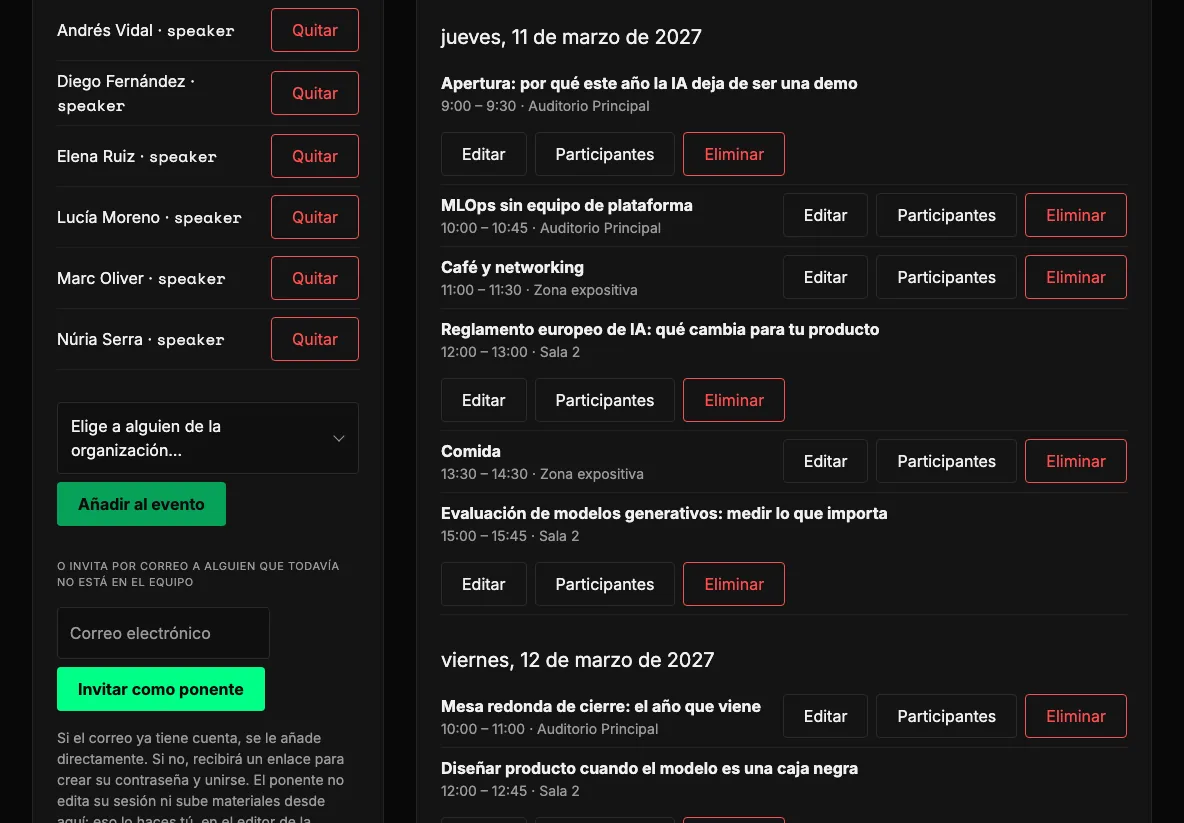Agenda de un evento por días: cada sesión con su título, horario y sala, junto a los ponentes que participan en el evento.