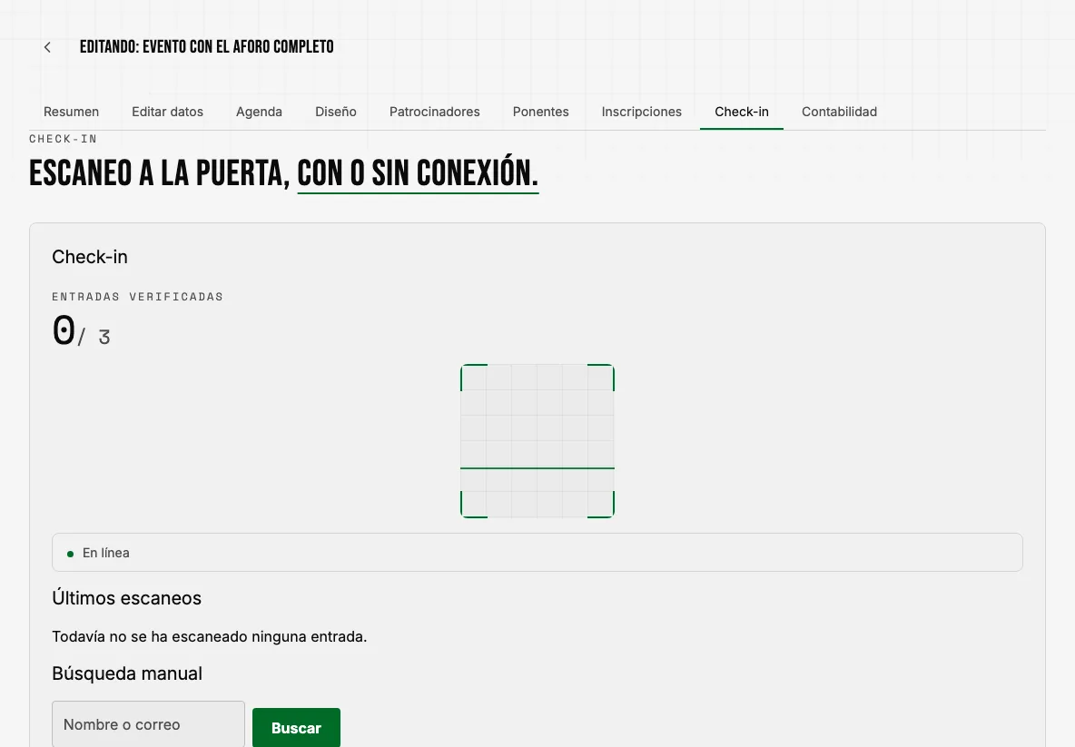 Pantalla de check-in a la puerta con el contador de entradas verificadas, los últimos escaneos y la búsqueda manual.