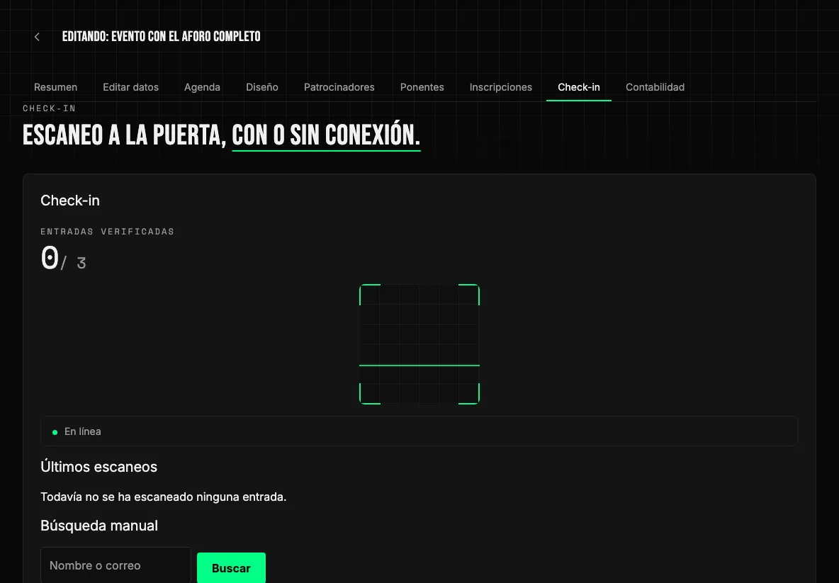 Pantalla de check-in a la puerta con el contador de entradas verificadas, los últimos escaneos y la búsqueda manual.