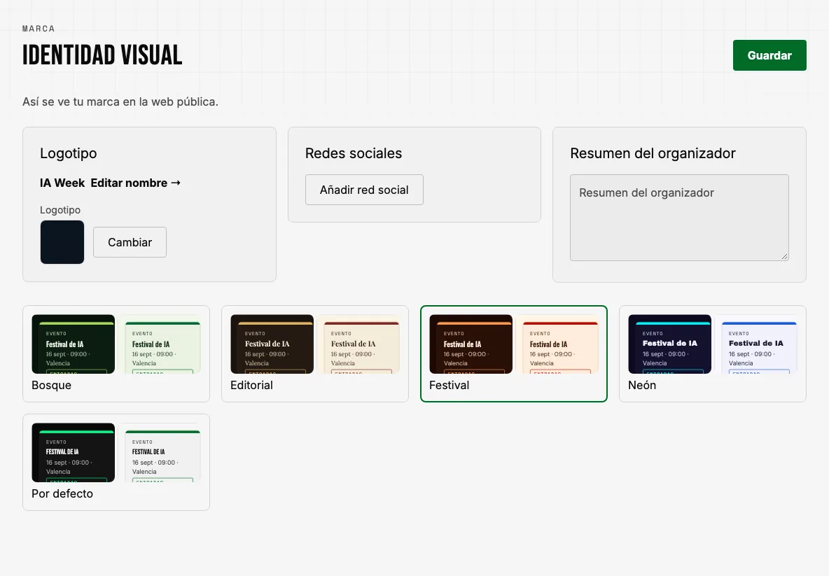 Identidad visual de la organización: logotipo, redes sociales y elección de plantilla de página.