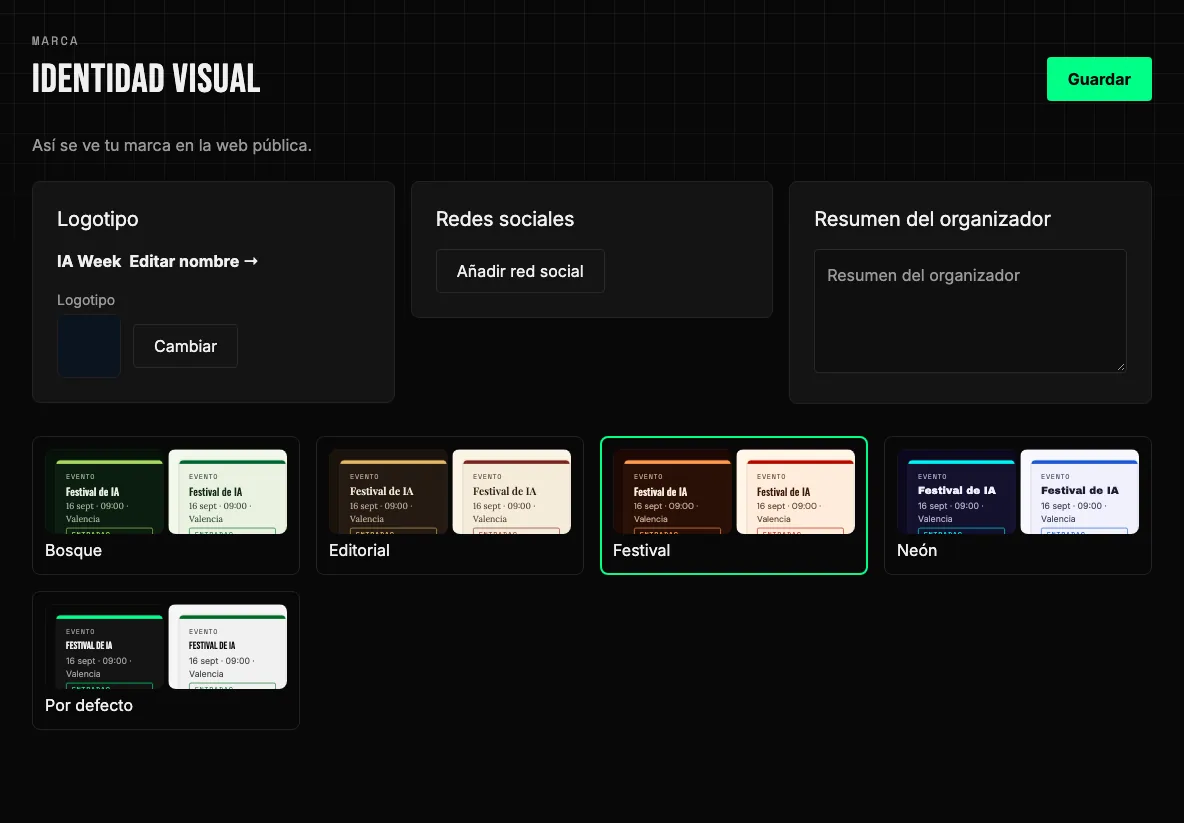 Identidad visual de la organización: logotipo, redes sociales y elección de plantilla de página.