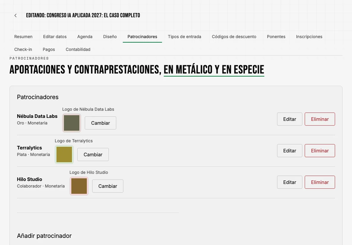 Patrocinadores de un evento por nivel (oro, plata, colaborador) con su logo, aportación y formulario de alta.
