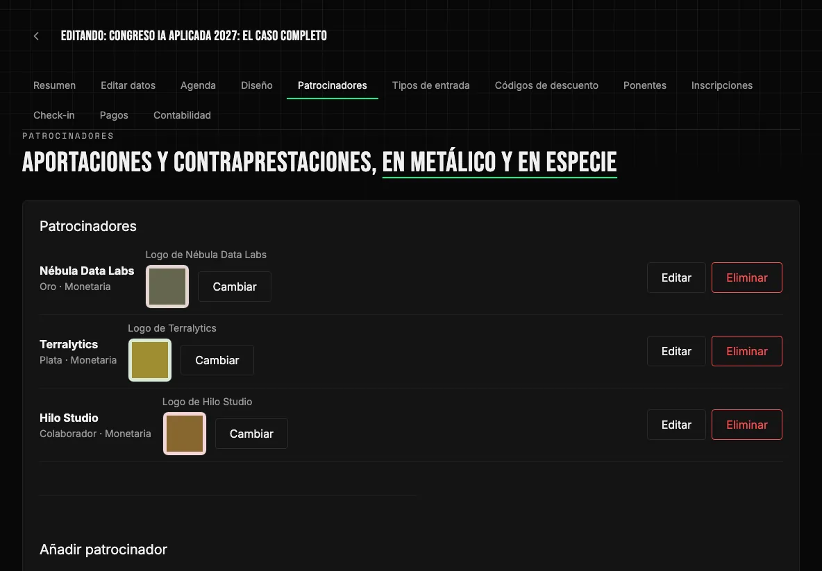 Patrocinadores de un evento por nivel (oro, plata, colaborador) con su logo, aportación y formulario de alta.