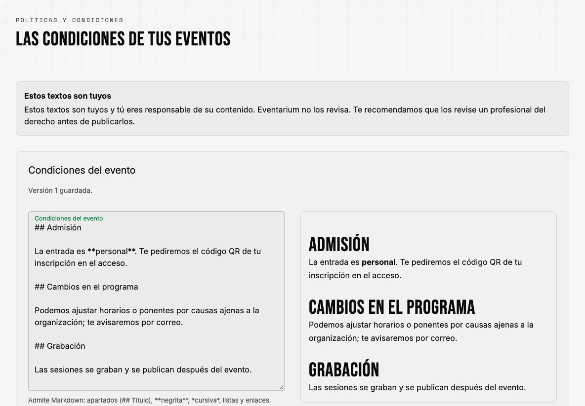 Políticas de la organización: condiciones del evento, política de reembolsos y privacidad, con editor y vista previa.
