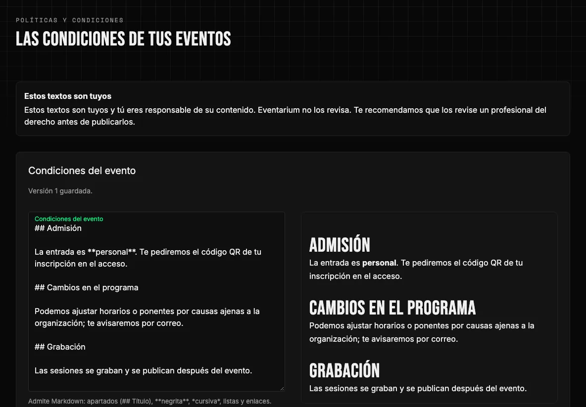 Políticas de la organización: condiciones del evento, política de reembolsos y privacidad, con editor y vista previa.